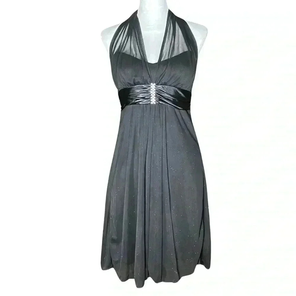 Vintage Y2K Black Halter Hoco Cocktail Dress. Whimsigoth Fairy Sparkle. Small. - Picture 2 of 8
